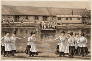 Eine Gruppe von Frauen steht zusammen nahe einem Gewässer, eine hält eine Angelrute, mit Häusern, Bäumen und Gras im Hintergrund und Text am unteren Bildrand.