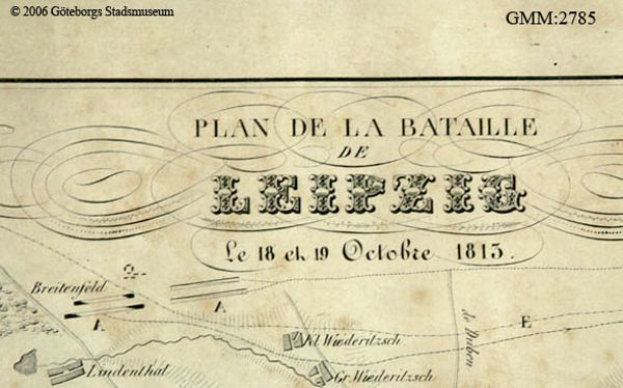 Ein detailliertes altes Kartenbild der Schlacht von Leipzig, das verschiedene Kämpfe zeigt und mit Text über das Datum, die Uhrzeit und den Ort annotiert ist.