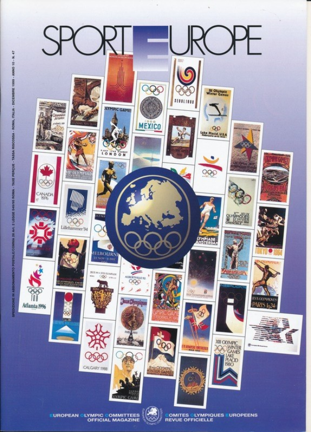 Ein Buch mit dem Titel "Sport in Europa" mit einem bunten Cover, das Olympische Symbole und Entwürfe aus Europa zeigt.