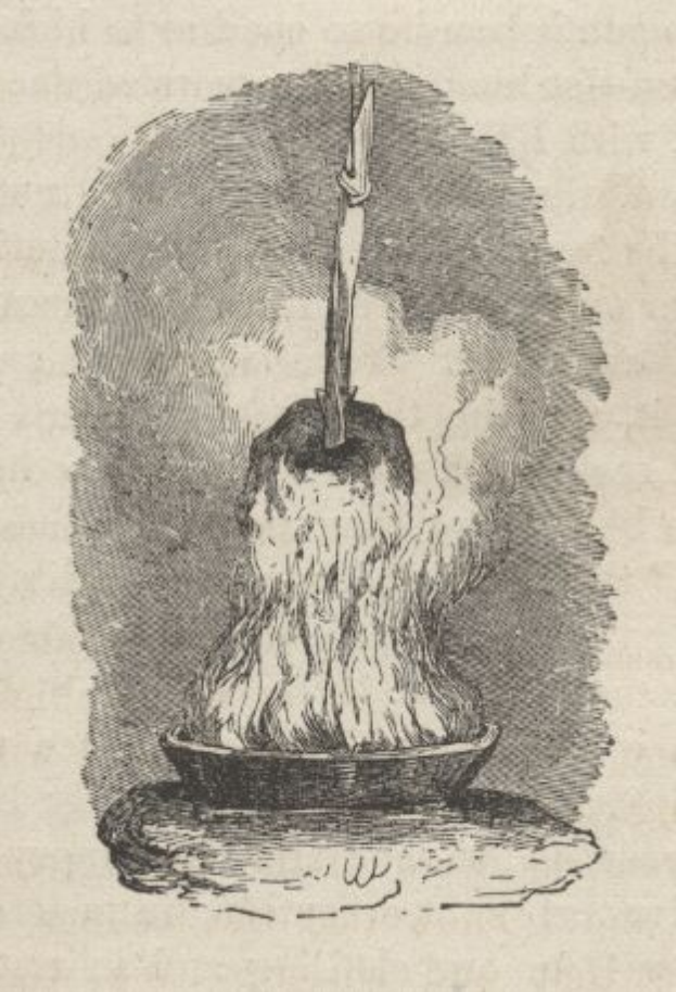 Eine Schwarz-Weiß-Zeichnung eines Feuers, das in einer Schüssel brennt, mit einem Stock, der daraus hervorragt, begleitet von Text unten.