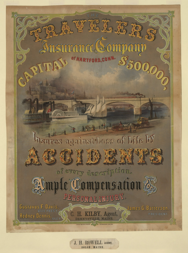 Werbeplakat für die Traveler's Insurance Company of Hartford, Connecticut, mit Abbildungen von Booten, einer Brücke und Gebäuden neben Texten, die Reiseversicherungsdienstleistungen anbieten.