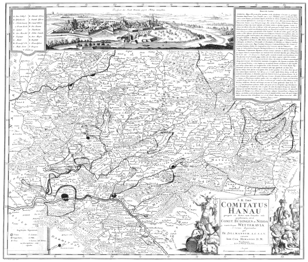 Schwarz-weißes Plakat einer detaillierten Karte von Comitius Hanau mit Straßen, Gebäuden und Bildern von Menschen mit begleitendem Text.