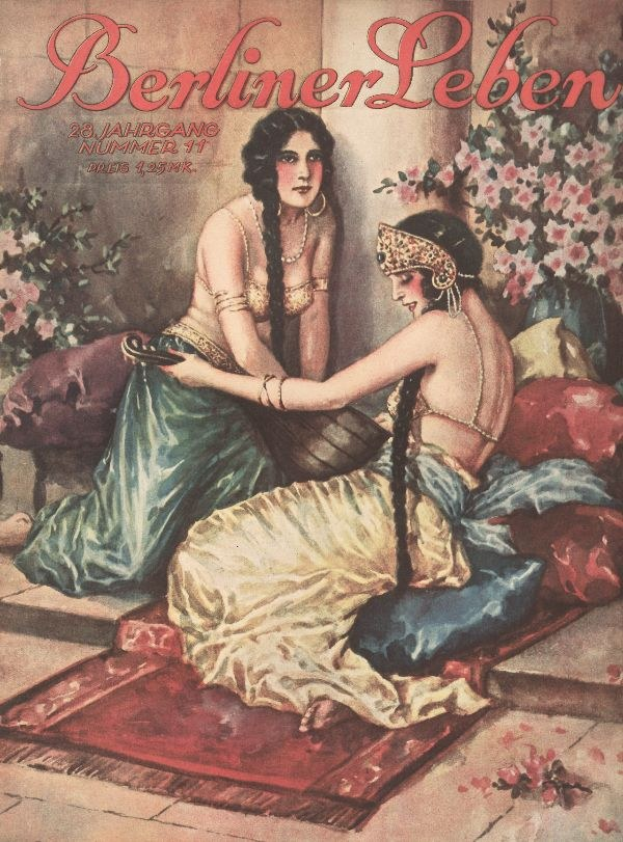 Plakat mit zwei Frauen auf einem Bett mit Kissen und Topfpflanzen, betitelt "Berliner Leben Magazin-Cover aus Oktober 1931" oben.