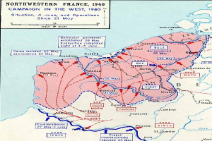 Ein Plakat, das eine detaillierte Karte von Nordfrankreich während des 1940er Feldzugs im Westen zeigt, mit Text und Zahlen versehen.