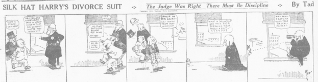 Cartoon-Illustration eines Mannes in einem schwarzen Anzug mit weißem Hemd und schwarzer Krawatte sowie einer Frau in einem eleganten Kleid mit schwarzem Schultertuch, beide mit ernsten Gesichtern, beschriftet mit "Scheidungsklage."