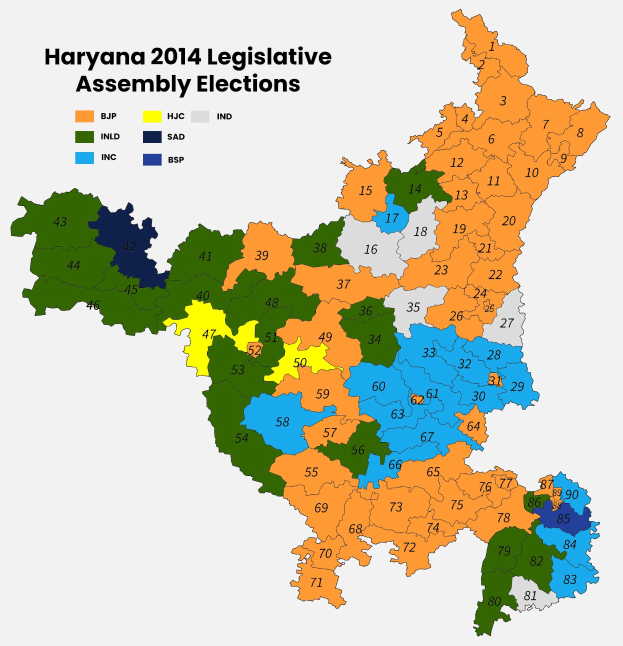 Eine 2014-Karte der Wahlkreise der Haryana-Legislative, farblich nach Wahlergebnissen unterteilt, mit zusätzlichen Textdetails.