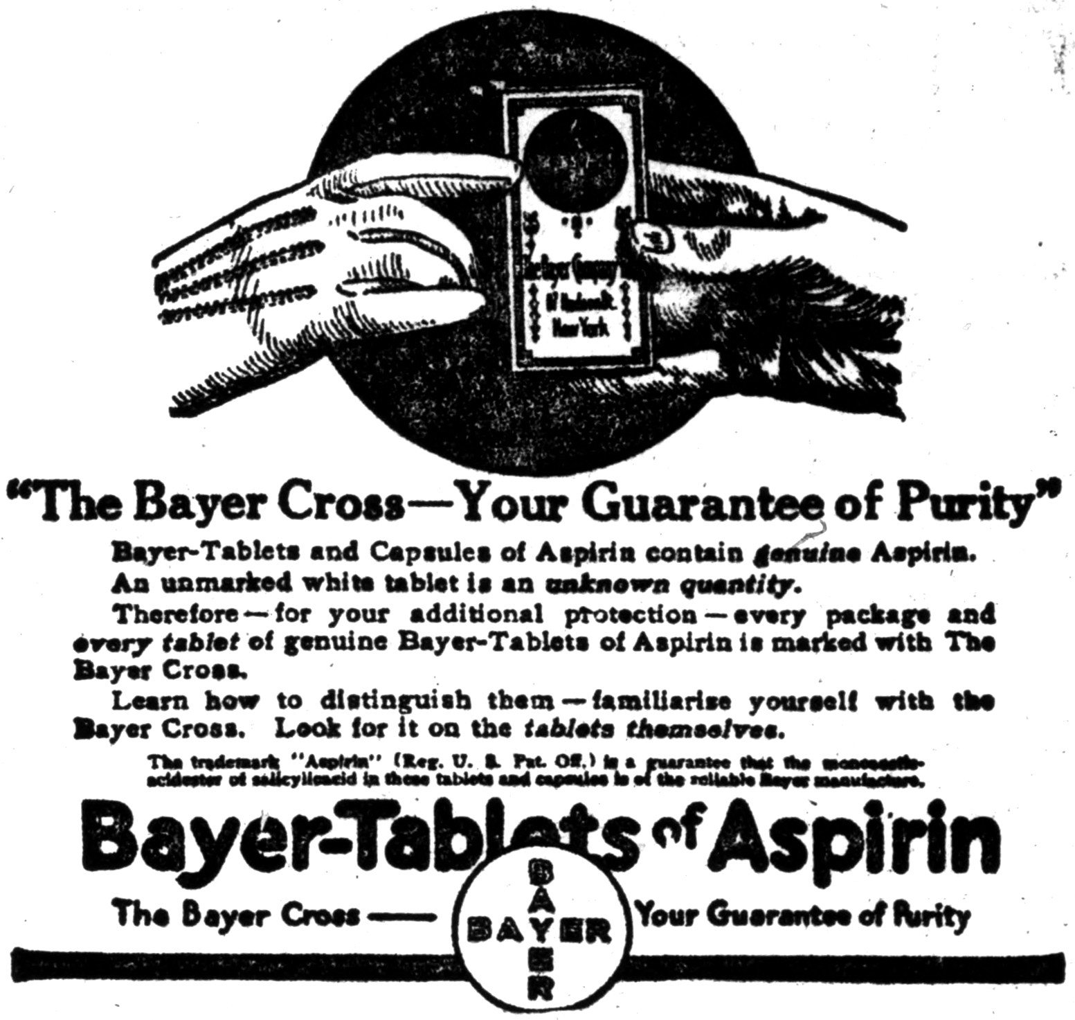Schwarz-weiß-Plakat mit einer Hand, die eine Bayer-Aspirin-Tablette hält, und dem Text "Das Bayer-Kreuz - Ihre Garantie für Reinheit" darunter.