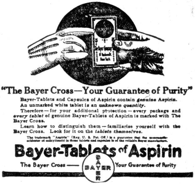 Schwarz-weiß-Plakat mit einer Hand, die eine Bayer-Aspirin-Tablette hält, und dem Text "Das Bayer-Kreuz - Ihre Garantie für Reinheit" darunter.
