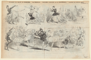 Eine Buchseite mit einer lebendigen Zeichnung einer Gruppe von Menschen, die im Einklang tanzen, sowie begleitendem Text mit Informationen zum Datum, Uhrzeit und Ort des Ereignisses.