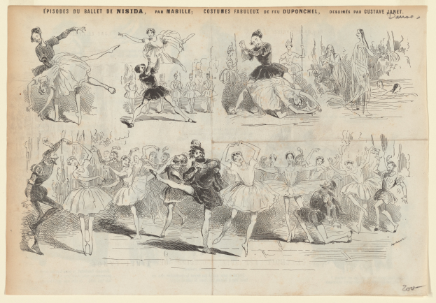 Eine Buchseite mit einer lebendigen Zeichnung einer Gruppe von Menschen, die im Einklang tanzen, sowie begleitendem Text mit Informationen zum Datum, Uhrzeit und Ort des Ereignisses.