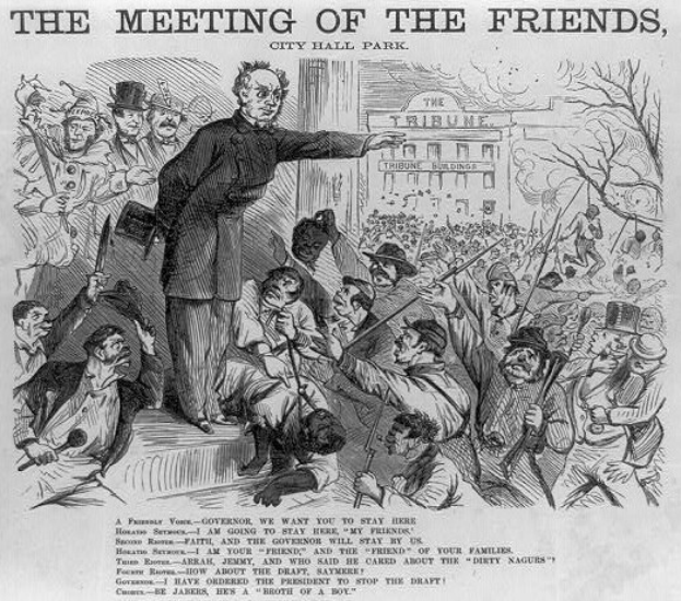 Eine Zeichnung auf Papier zeigt eine Gruppe bewaffneter Menschen, die sich in einem Park in der Nähe eines Gebäudes treffen, mit der Aufschrift "Das Treffen der Freunde, City Hall Park".