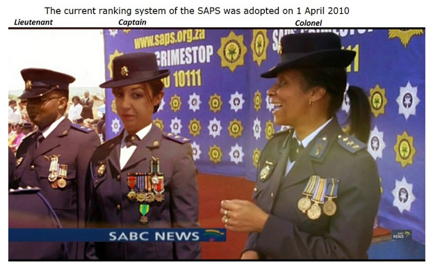 Eine Gruppe von Menschen in Uniformen und Hüten steht mit einem Banner im Hintergrund, mit Text oben und unten, der besagt "Das aktuelle Ranglistensystem der SAP wurde am 1. April 2010 eingeführt."