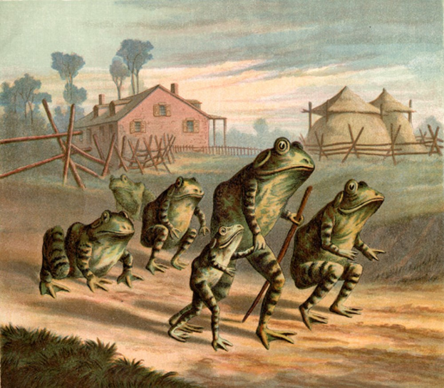Eine Gruppe von Fr├Âschen, die über eine Schotterstra├če gehen, wobei eine von ihnen einen Stock h├Ąlt, mit Hütten, einem Haus, B├Ąumen und Himmel im Hintergrund und Gras unten.