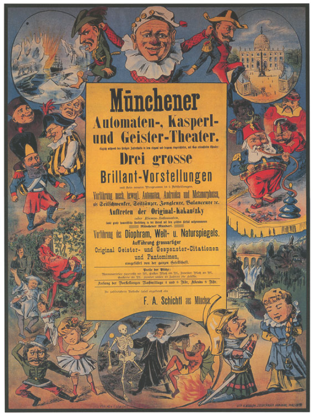 Ein nostalgischer deutscher Filmplakat für das Münchner Automaten-Kasperl- und Geister-Theater, das eine Gruppe von Menschen in farbenfrohen Kostümen in der Mitte zeigt, umgeben von Text, der eine lebendige Atmosphäre vermittelt.