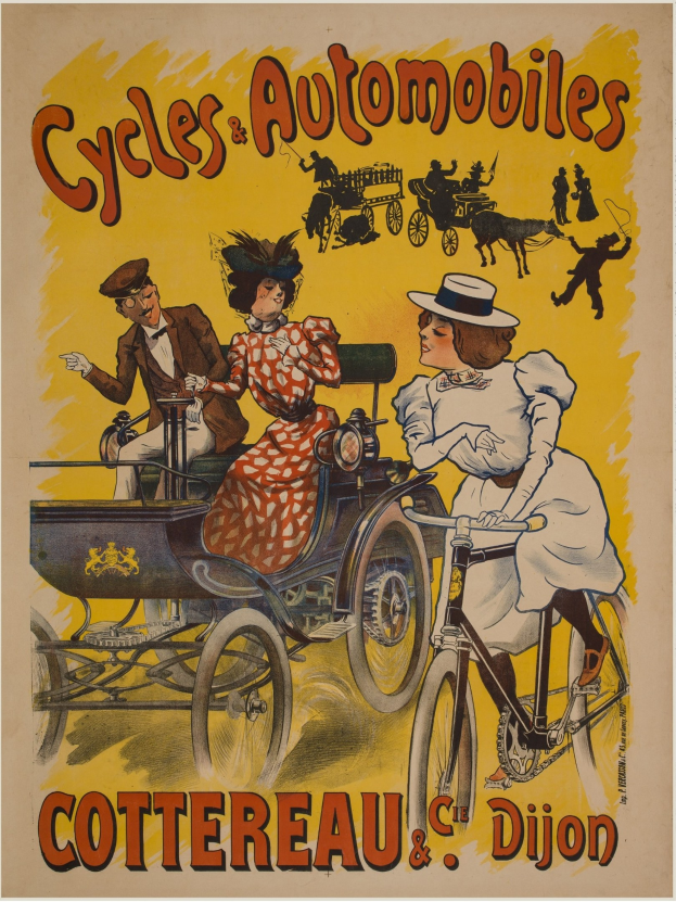 Plakat zur Ankündigung von Fahrrädern und Automobilen in Cottereau und Dijon, Frankreich, mit Menschen, die Fahrräder fahren und eine Kutsche mit dem Text "Fahrräder und Automobile" oben drauf.