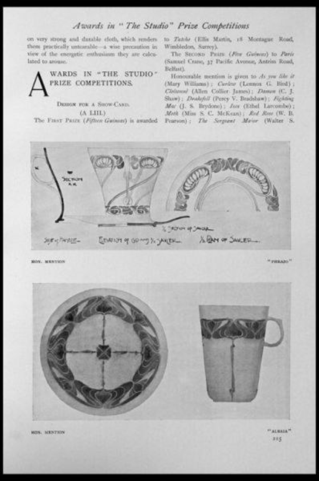 Schwarze und weiße Zeichnung einer Tasse und eines Untersetzers mit einem Design, eingerahmt von einem schwarzen Rand, betitelt mit "Preise im Studio-Wettbewerb".