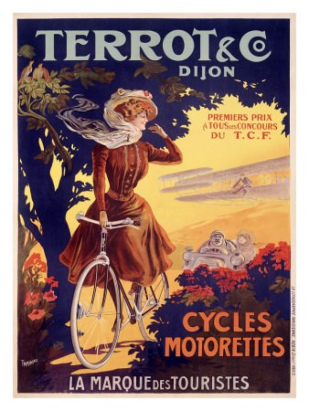 Ein Plakat, das eine Fahrradtour in Frankreich bewirbt und eine Frau zeigt, die ein Fahrrad durch Wälder, Blumen und andere Menschen fährt, mit Text, der die Tour beschreibt.