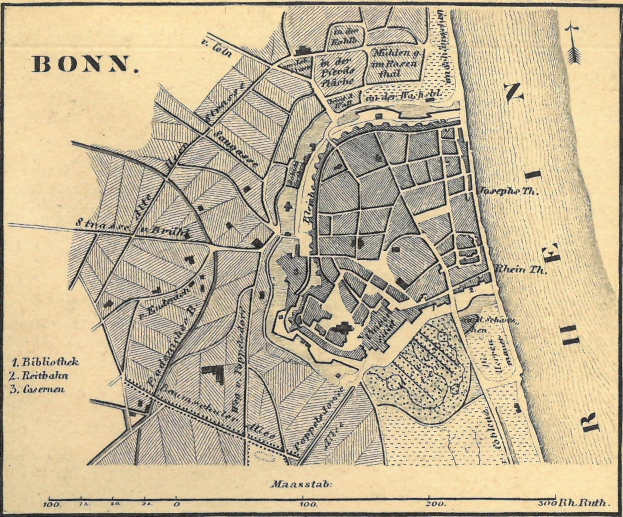 Detailiertes altes Stadtplan von Bonn, Deutschland, mit Straßen, Gebäuden und Landmarken mit Textbeschriftungen.