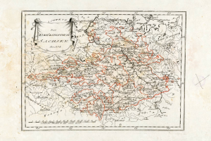 Ein altes Deutschlandkarte mit Sachsen und Sachsen-Anhalt Provinzen in rot hervorgehoben, auf strukturiertem Papier mit einem Wasserzeichen auf der rechten Seite.
