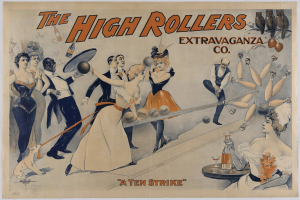 Vintage 1920er-Plakat für High Rollers Extravaganza Co., das Menschen in historischer Kleidung beim Bowling zeigt mit dem Text 'Ein Zehner Strike' darüber, mit leuchtenden Blauen, Grünen und Gelben.