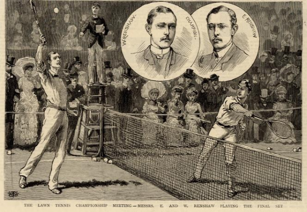 Schwarz-weiß-Zeichnung von zwei Männern, die auf einem Platz mit einem Netz und Zuschauern im Hintergrund Tennis spielen, mit der Beschriftung "The Lawn Tennis Championship Meeting - Messers, E and W Renshaw Playing the Final Set" unten.
