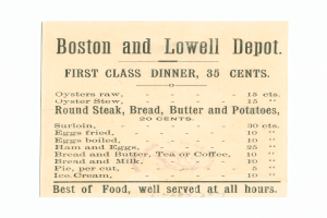 Ein Papier mit der Aufschrift "Boston und Lowell Depot First Class Dinner, 35 Cent" darauf.