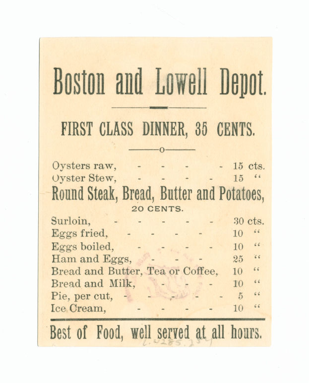 Ein Papier mit der Aufschrift "Boston und Lowell Depot First Class Dinner, 35 Cent" darauf.