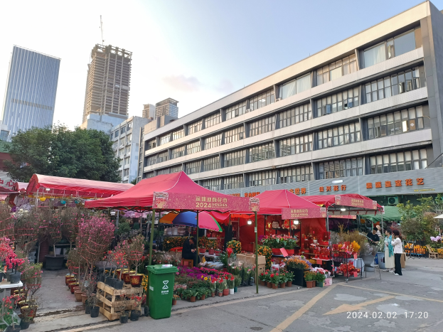 Ein blühender Blumenmarkt mit bunten Blumen, Pflanzen und Bäumen, die entlang einer Stadtstraße zwischen hohen Gebäuden aufgebaut sind, mit Menschen, die durch die Gegend schlendern und weißen Wolken am Himmel.