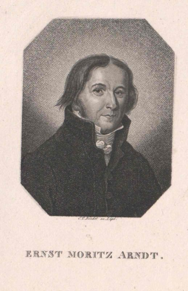 Schwarz-weißes Porträt von Ernst Noritz Arndt, einem deutschen Komponisten, mit Text am unteren Bildrand.