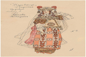 Eine detaillierte Zeichnung einer Frau in traditioneller russischer Kleidung, die ein langes Kleid mit hohem Kragen, lange Ärmel und leuchtende Farben trägt, mit ihrem Haar zu einem Knoten gebunden und geschlossenen Augen.
