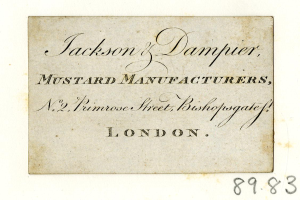 Schwarze und weiße Visitenkarte für Jackson & Damper Senfhersteller, located at No. 2, Primrose Street, Bishopgate, London.
