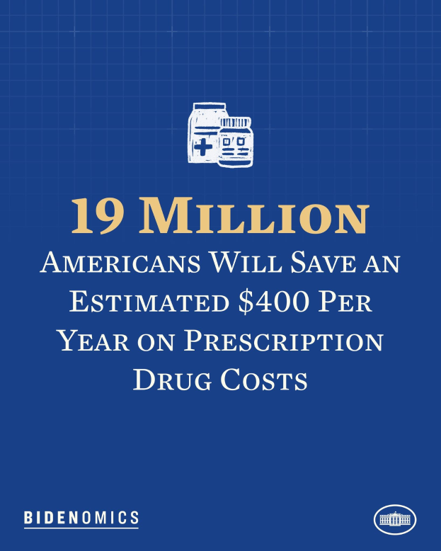 Ein blauer Hintergrund mit weißer Schrift und einem Logo, das "19 Millionen Amerikaner werden geschätzte 400 USD pro Jahr an Arzneikosten sparen" zeigt.