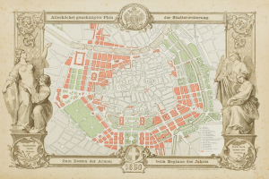 Alte Karte von Berlin, Deutschland, mit zwei Statuen, die sie flankieren, zeigt detaillierte Straßen, Gebäude und Sehenswürdigkeiten mit zusätzlichem Text über die Stadt.