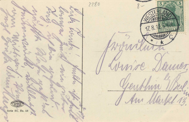 Alte deutsche Postkarte mit einer 5c-Marke, an Westerland, Deutschland adressiert.