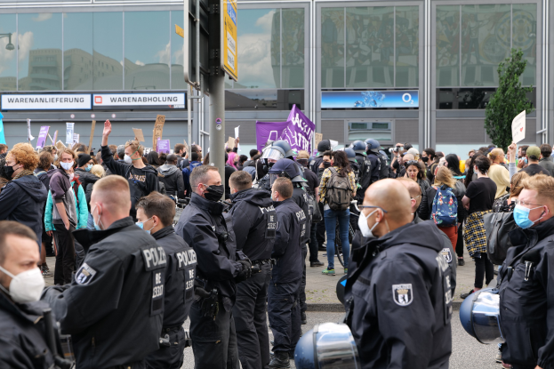 Eine große Gruppe von Menschen steht vor einem Gebäude, einige halten Schilder und tragen Helme, mit einem Mast und einer Tafel im Vordergrund und einem Baum im Hintergrund, was auf eine Demonstration hindeutet.