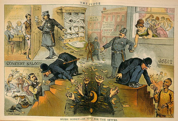 Cartoon eines Richters im Gerichtssaal mit einer Geißel und einem Buch, umgeben von Menschen mit verstreuten Papieren, beschriftet mit "Schweigegeld oder Geld für die Kloake".