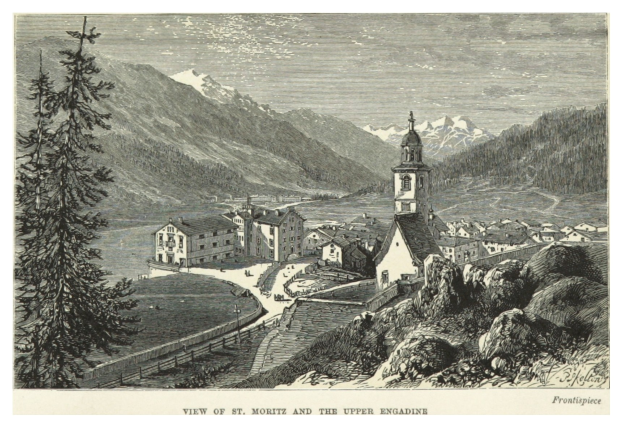 Ansicht von St. Moritz und dem Oberengadin mit Gebäuden, Bäumen und Bergen im Hintergrund und Text unten.