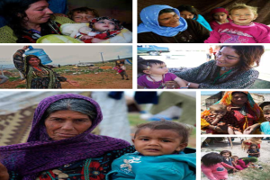 Eine Collage von Fotos, die Frauen und Kinder in Afghanistan zeigen, darunter eine Frau mit einem Baby und einem Wasserkrug in den Händen, zwei Frauen und zwei Kinder, die sitzen und lächeln, und eine Frau mit einem Kind im Vordergrund, mit Fahrzeugen und Polen im Hintergrund, die die humanitäre Krise im Land darstellen.