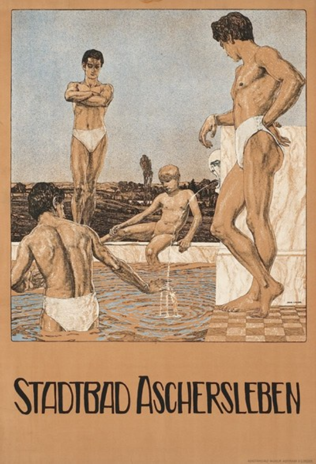 Plakat wirbt für ein Schwimmbad in Aschersleben, Deutschland, mit Menschen im Wasser und sitzend sowie Text mit Pool-Informationen.