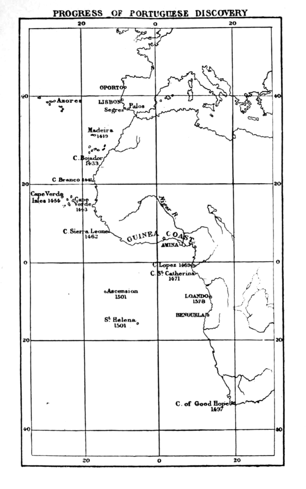 Schwarze und weiße Karte der portugiesischen Entdeckungsfortschritte, die geografische Merkmale und Text mit Ländernamen zeigt.