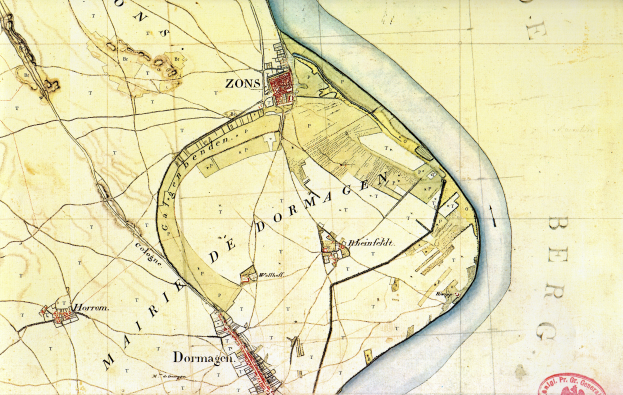 Ein detaillierter alter Stadtplan von Dormagen, Deutschland, mit Straßen, Gebäuden, Sehenswürdigkeiten und Text mit einem Stempel.