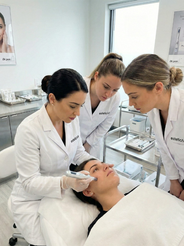 Drei Fachkräfte in weißen Kitteln führen in einer klinisch reinen Umgebung eine professionelle Gesichtsbehandlung durch. Die Szene vermittelt Präzision, Expertise und den Einsatz fortschrittlicher Hautpflegeverfahren.