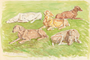 Ein realistische Painting von mehreren Dackeln auf einem leuchtend grünen Feld unter einer strahlenden Sonne.