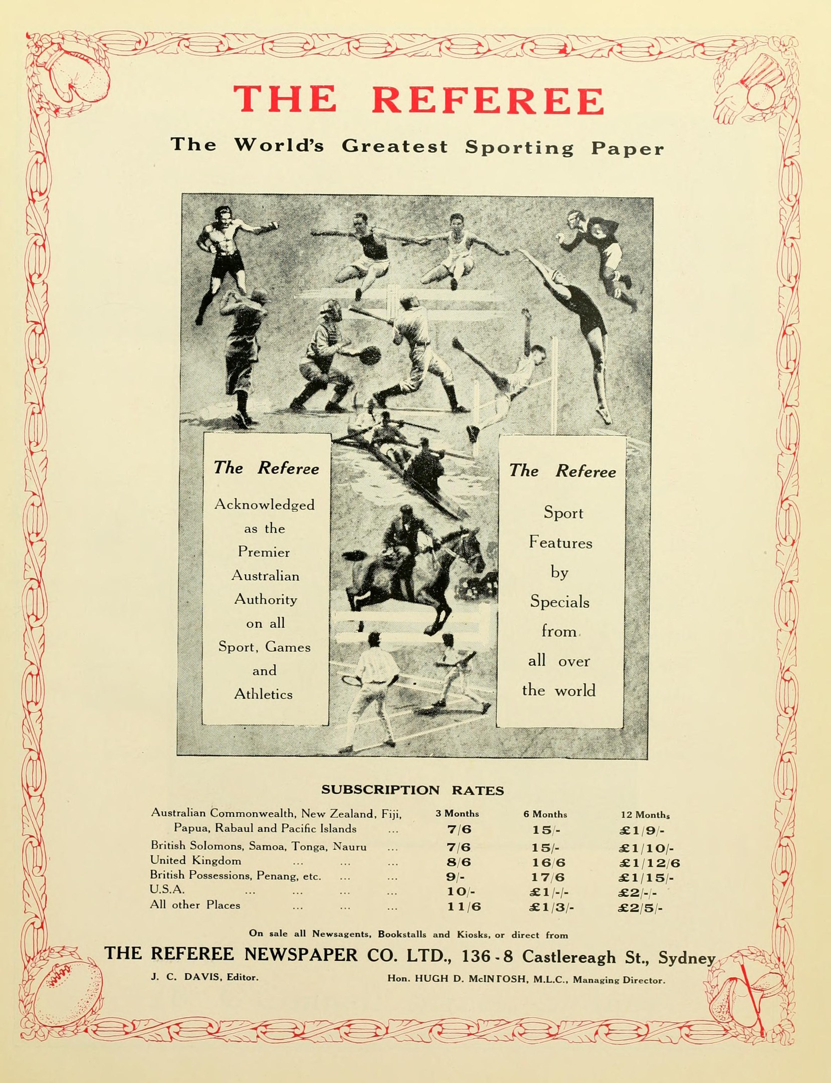 Eine Zeitung mit einem Bild von verschiedenen Menschen und dem Text "Der Schiedsrichter - Die gr├Â├čte Sportzeitung der Welt."