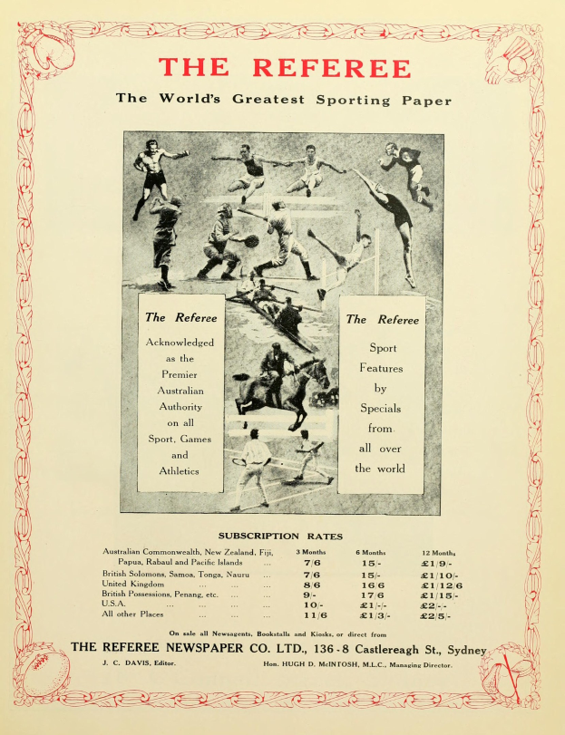 Eine Zeitung mit einem Bild von verschiedenen Menschen und dem Text "Der Schiedsrichter - Die gr├Â├čte Sportzeitung der Welt."