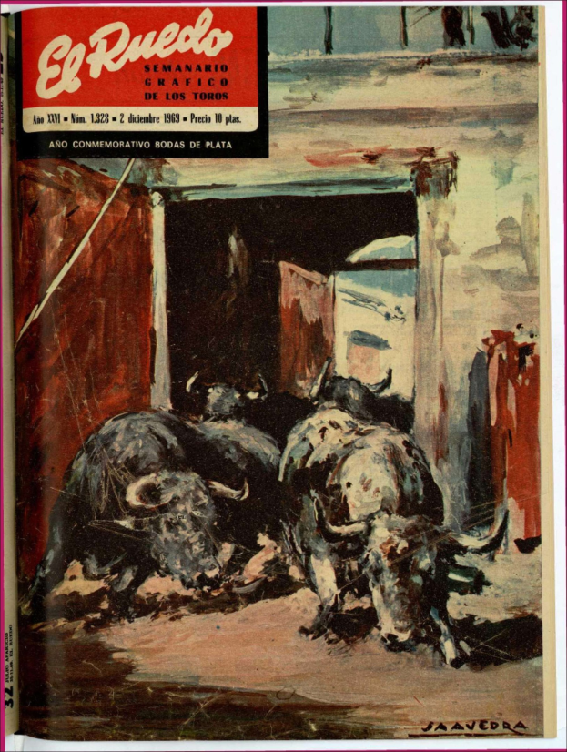 Buchumschlag mit einem Gemälde eines Bullen in einem Stall, mit Tieren im Vordergrund, einer Wand und einer Tür im Hintergrund und Text oben.