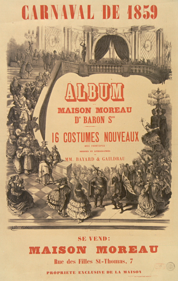 Ein Vintage-Plakat für den Fasching von 1859, das eine Gruppe in bunten Kostümen mit beschreibendem Text zeigt.