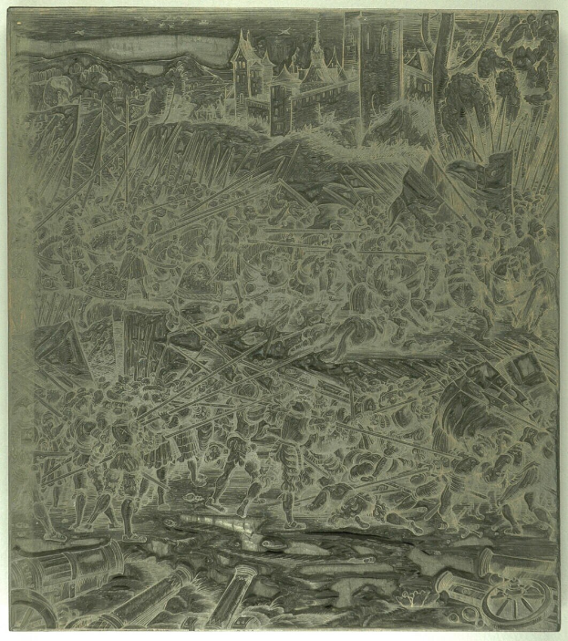 Schwarzes und weißes chaotisches Bild mit aufgeregten Menschen, die rennen, hohen Gebäuden im Hintergrund und verstreuten Gegenständen, mit Text unten.