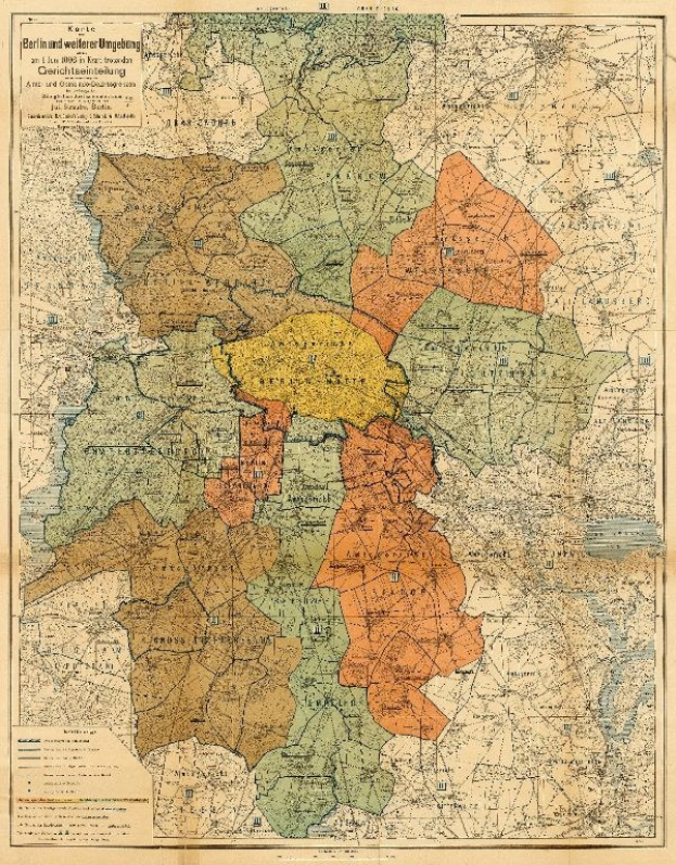 Alte Karte von Berlin, Deutschland, mit farbigen Bezirken auf altem Papier gedruckt.