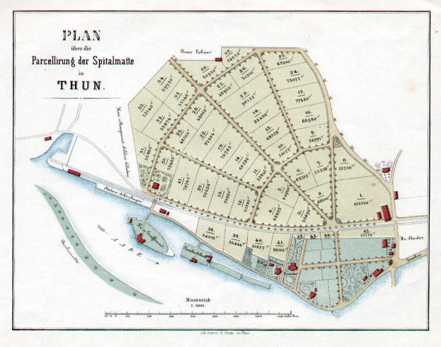 Ausführliche alte Karte von Thun, Deutschland, zeigt Straßen, Gebäude und Sehenswürdigkeiten mit lesbarer Schrift.